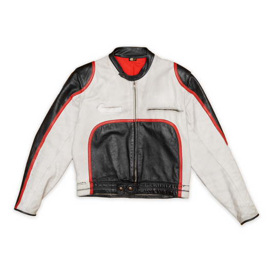 vintage motorcycle racing jacket - leather - black / red / white - size 54